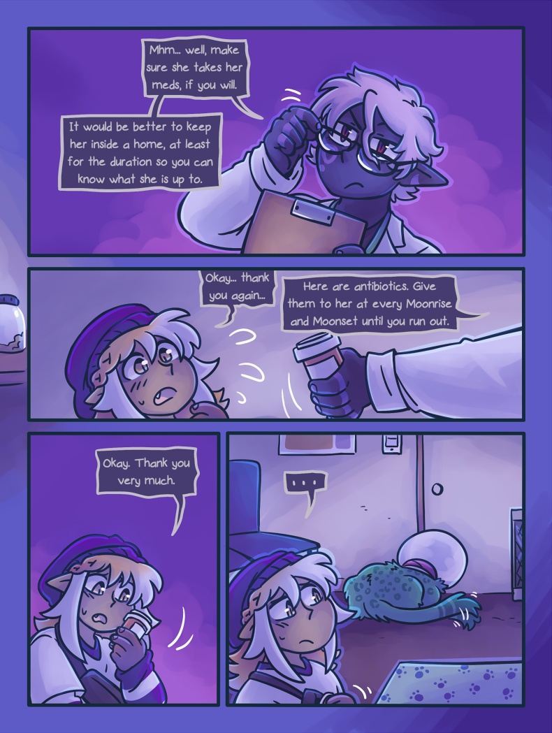 I'm aware that some of this exchange should be at the front counter (trust me, I'm a regular at the vet's office this year) but I did it this way for the sake of pacing/flow, hehe.